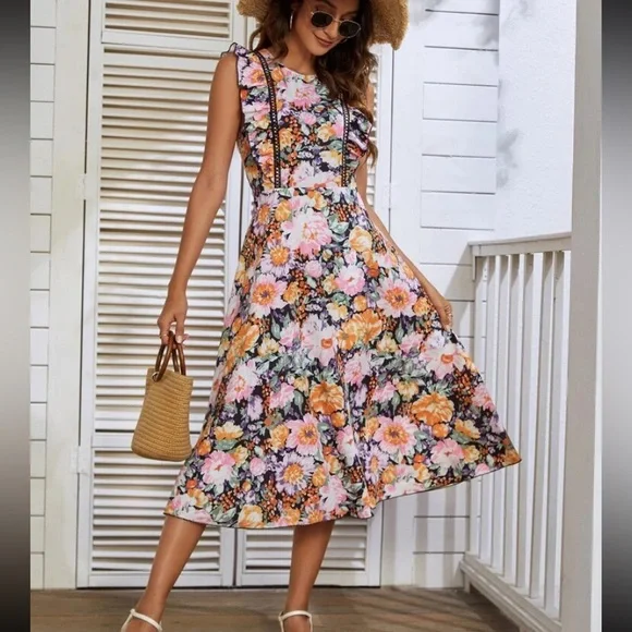 Shein Dresses | Nwotsheinallover Floral Print Ruffle Trim Tie Backless A-Line Dress Large | Color: Orange/Pink | Size: L | Sarahjb1221's Closet
